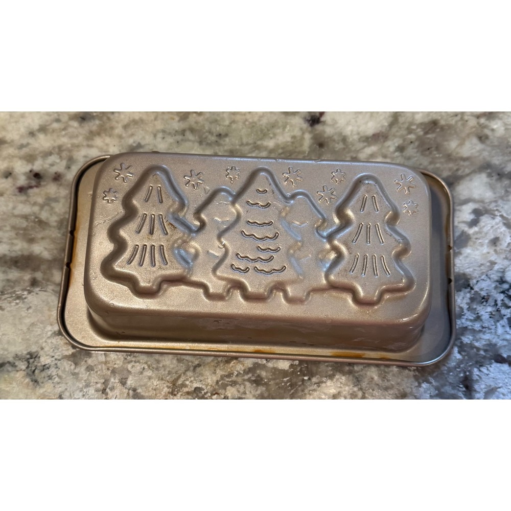 Champagne Gold Christmas Tree Snowflake Embossed Metal Loaf Pan 10x5 Holiday